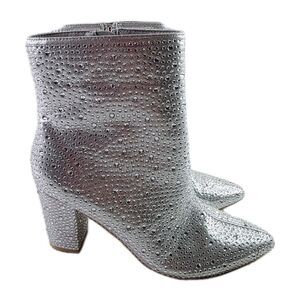 Rollda Silver Diamante Rhinestone Embellished Bling Ankle Boots Block Heel 8.5